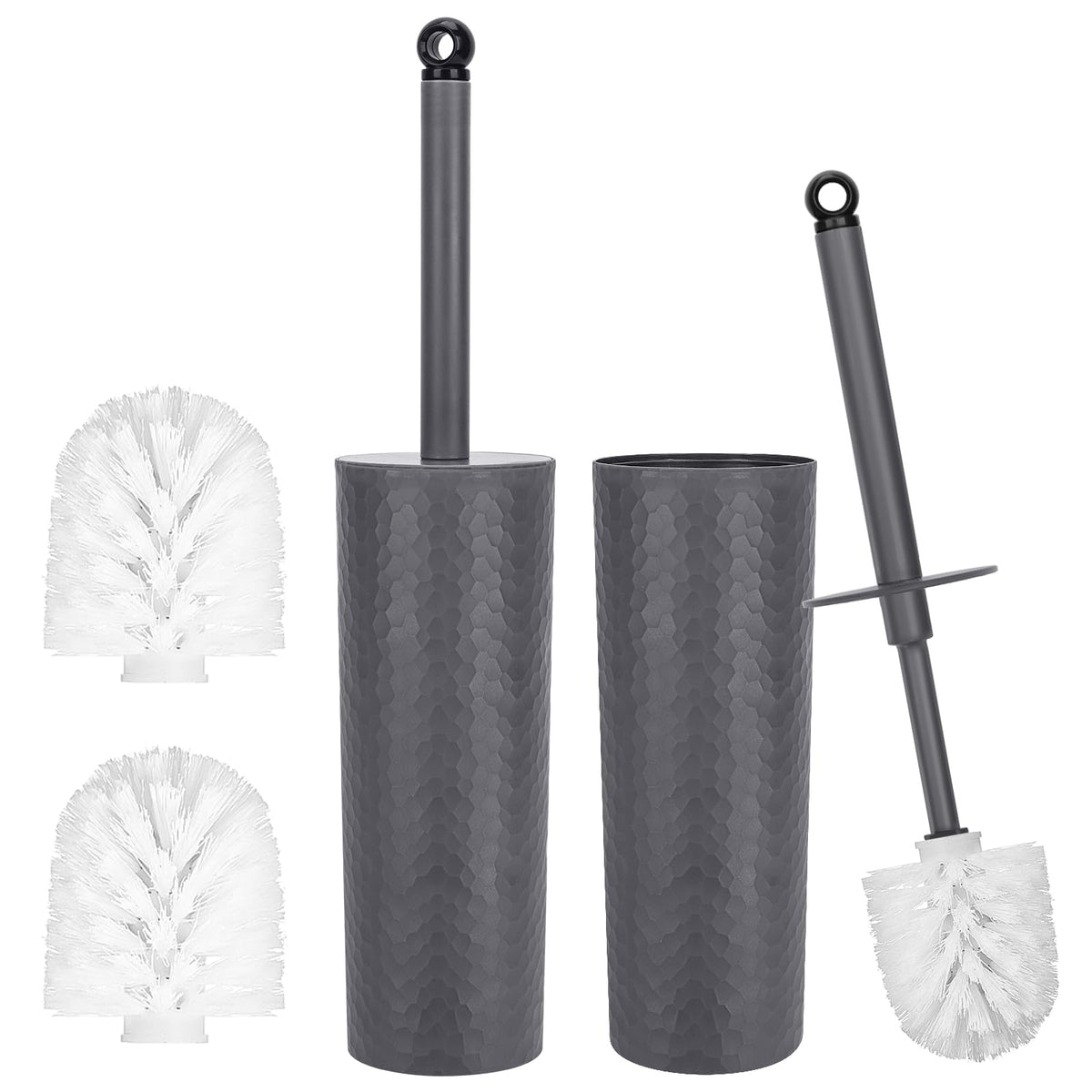 Topsky Toilet Brush & Holder Set, 2 Pack Plastic Round Barrel Loo Brush with 2 Replacement Heads, Durable for Bathroom, White