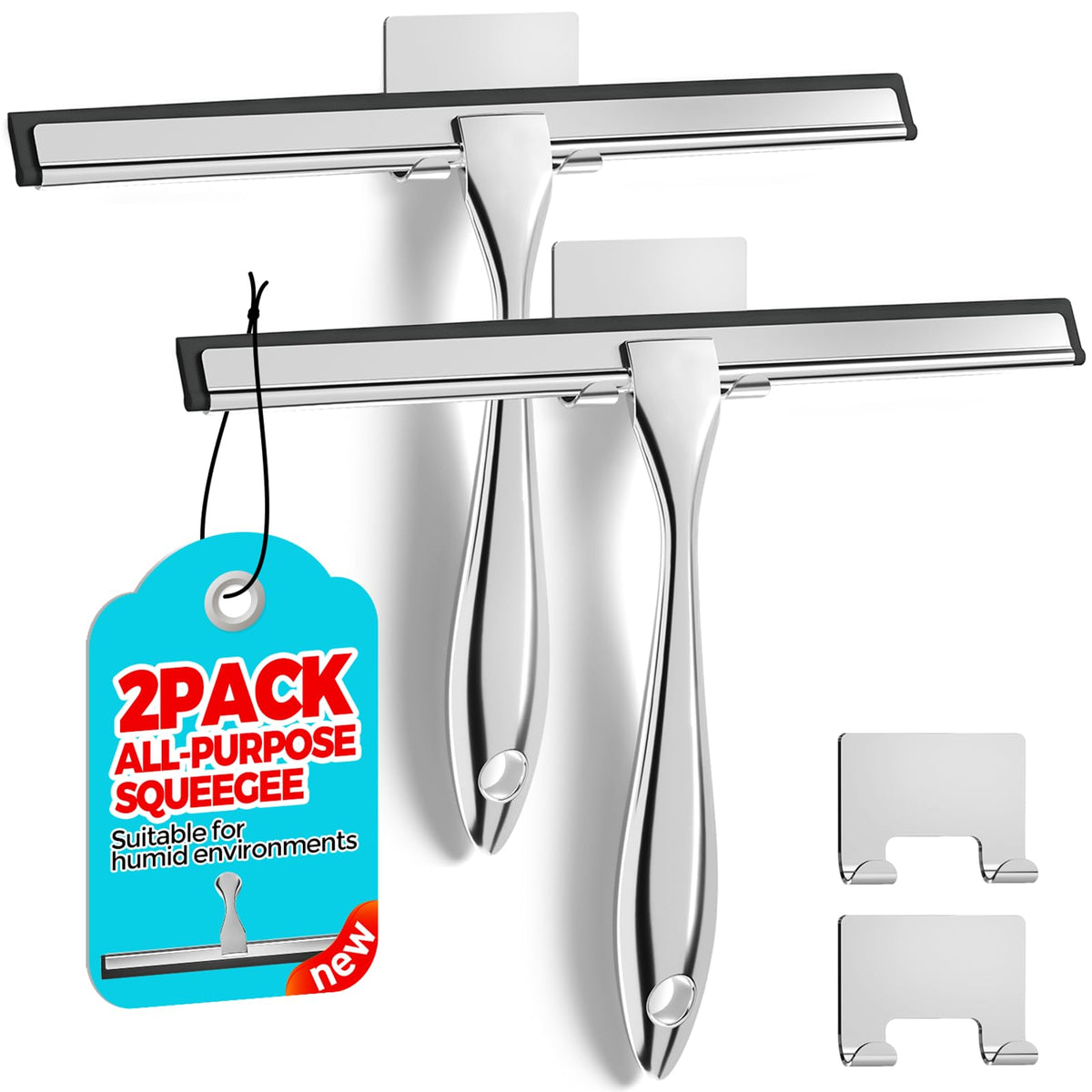 ALFLOD 2pcs Shower Squeegee for Glass Doors with Adhesive Hanging Hook Set