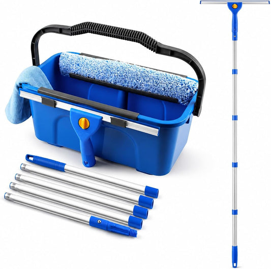 Window Cleaning Kit with 3-Gallon Bucket, 76-Inch Pole and Glass Squeegee