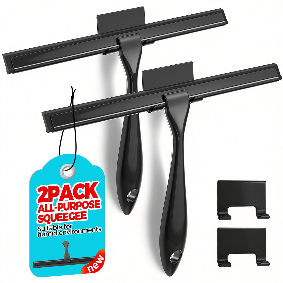 ALFLOD 2pcs Shower Squeegee for Glass Doors with Adhesive Hanging Hook Set