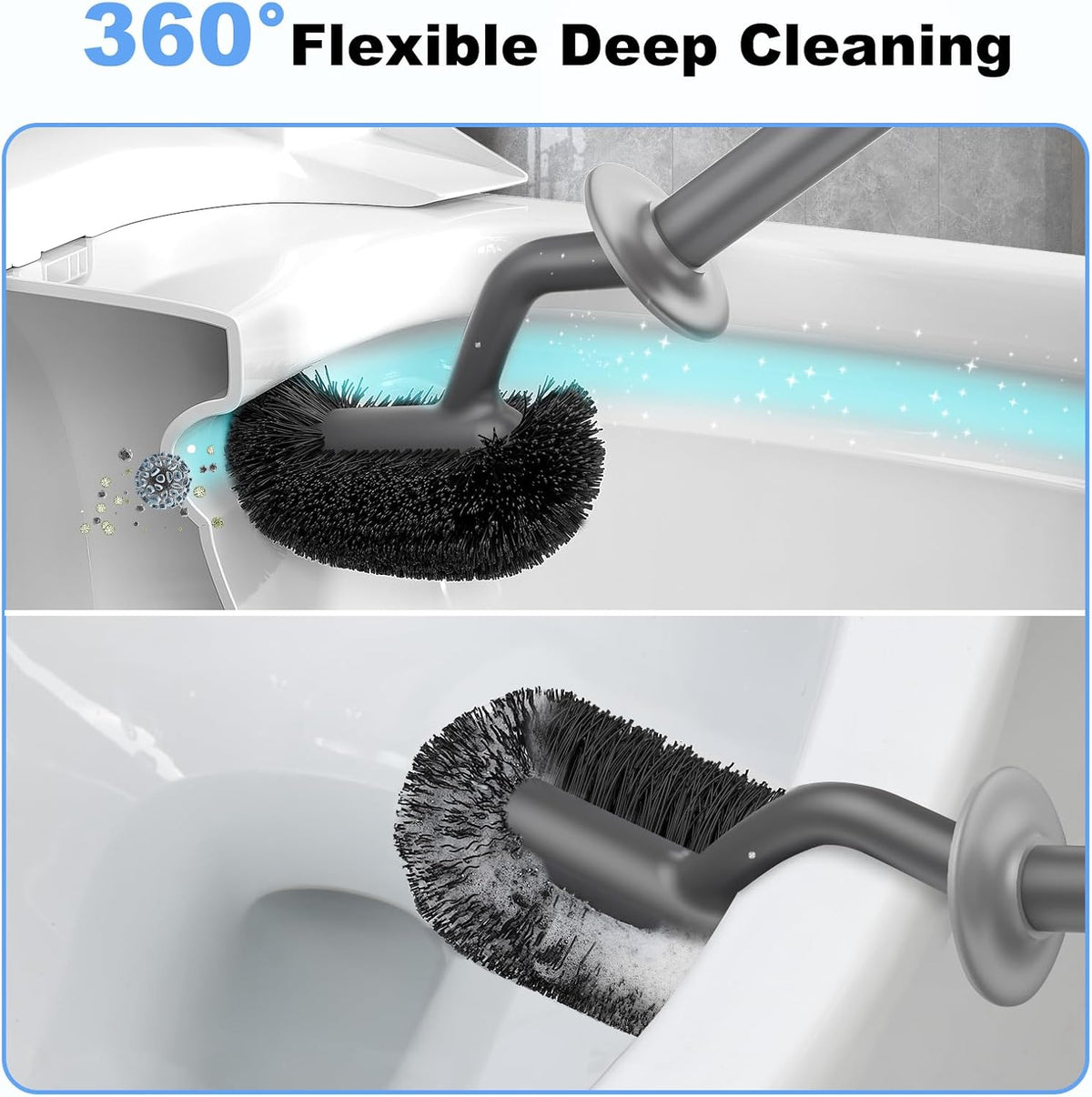 HAMITOR Toilet Bowl Brush Holder Set: Curved Design with Holder for Deep Cleaning Under Rim - Compact Hidden Scrubber for Small Space - Modern RV Bathroom Accessories - Gray