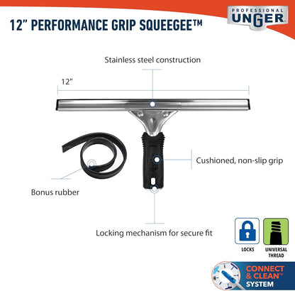 Unger Professional Connect and Clean 12” Performance Squeegee for Glass and Window Care with Replacement Rubber, Heavy Duty Cleaning Supplies with Streak-Free Results, Handheld Household Cleaner Tool