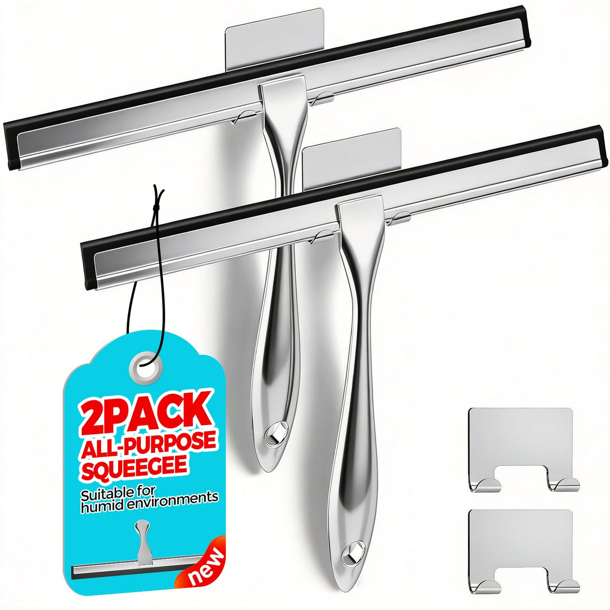 ALFLOD 2pcs Shower Squeegee for Glass Doors with Adhesive Hanging Hook Set