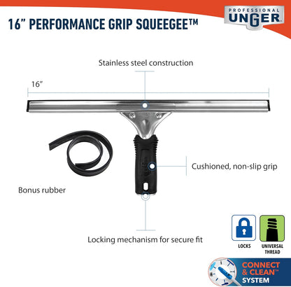Unger Connect and Clean 16” Performance Window and Glass Cleaning Squeegee with Replacement Rubber, Cleaning Supplies, Heavy Duty Household Cleaner Tools with Streak-Free Results