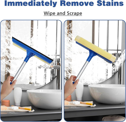 Professional Window Squeegee,2 in 1 Squeegee Window Cleaner with Long Stainless Steel Handle,Sponge Car Window Squeegee for Gas Station, Glass,Shower,Outdoor High Window Cleaning (Expansion Payment)
