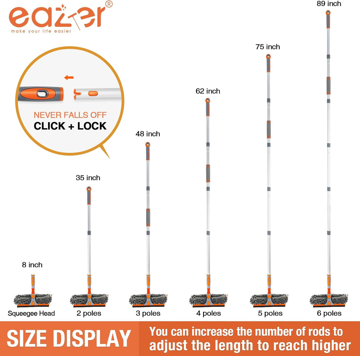 Eazer 89'' Squeegee Window Cleaner 2 in 1 Rotatable Window Cleaning Tool Kit with Extension Pole, Window Washing Equipment with Bendable Head for Indoor/Outdoor Window and Car Glass