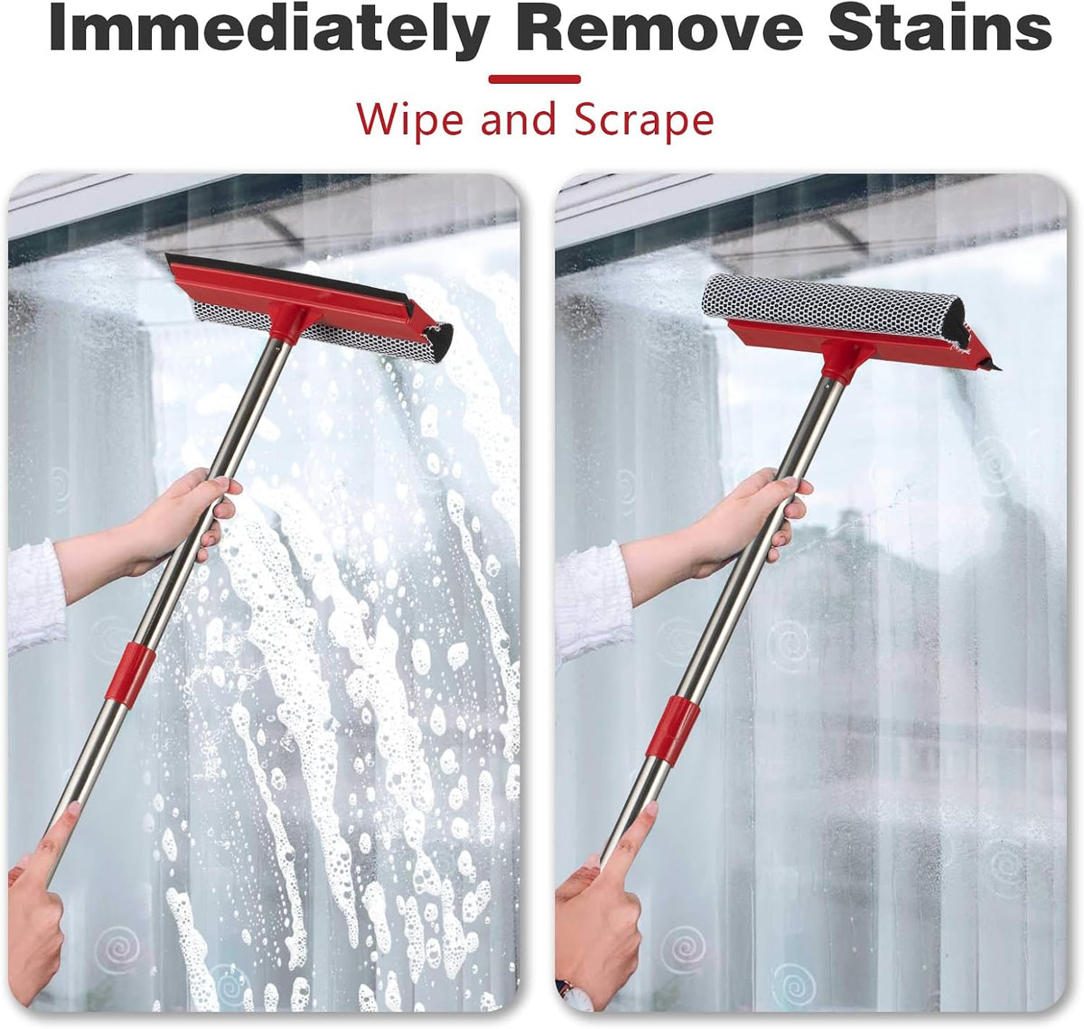 2-in-1 Window Squeegee with 30"-59" Stainless Steel Adjustable Handle - Glass Cleaner for Shower Doors, Car Windshield & High Outdoor Windows (Red)