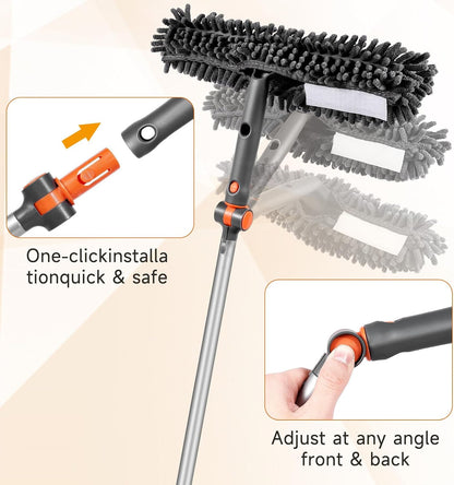 LEVELEVE Professional Window Cleaning Equipment with 62 Inch Long Handle Extension Pole, 2-in-1 Bendable Window Washer Squeegee Tool for High Indoor & Outdoor Glass (with 2 Cleaning Cloth)