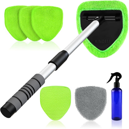 XINDELL Interior Windshield Cleaner Tool – Car Interior Window Cleaning Kit with Extendable Handle & 4 Microfiber Pads, Auto Wiper Inside Compact Windshield Brush for Car & Home Windows