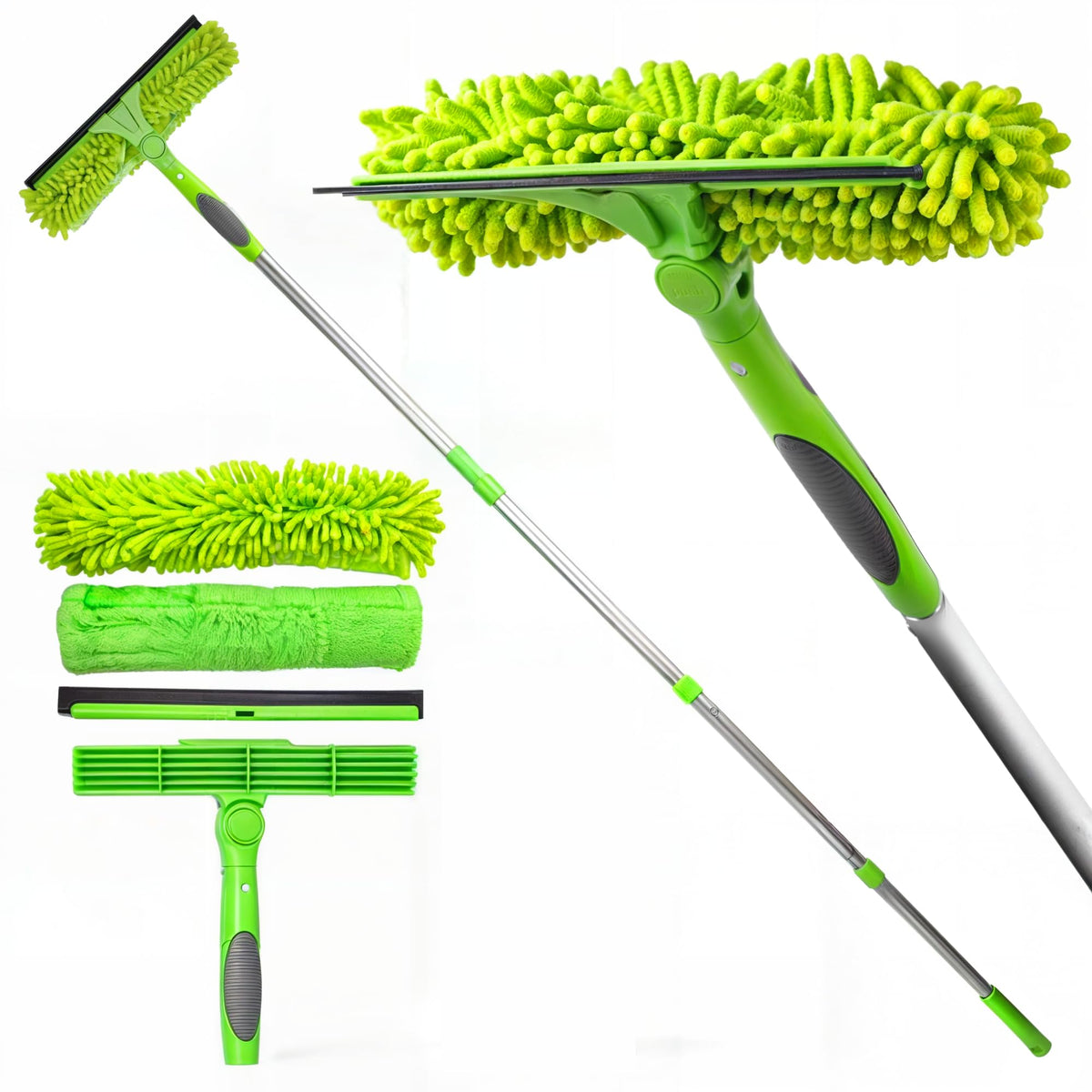 DSV Standard 2-in-1 Window Cleaning Squeegee Kit with 60’’ Extension Pole, Rotatable Bendable Head, Microfiber & Chenille Pads, Window Cleaner Tool for Indoor/Outdoor, High Windows, Shower and Car