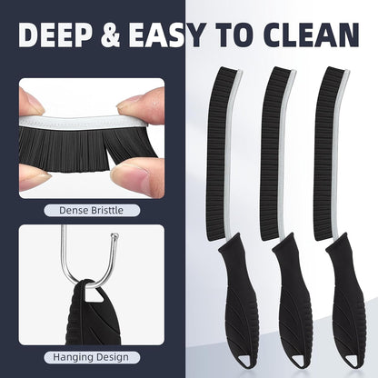 FOOGWEE Hard Bristle Crevice Cleaning Brush - Home Cleaning Tools, Multi-Purpose Crevice Supplies for Kitchen, Bathroom, Toilet, Window, Vehicle, Faucets, Grout, Home (3, Black)