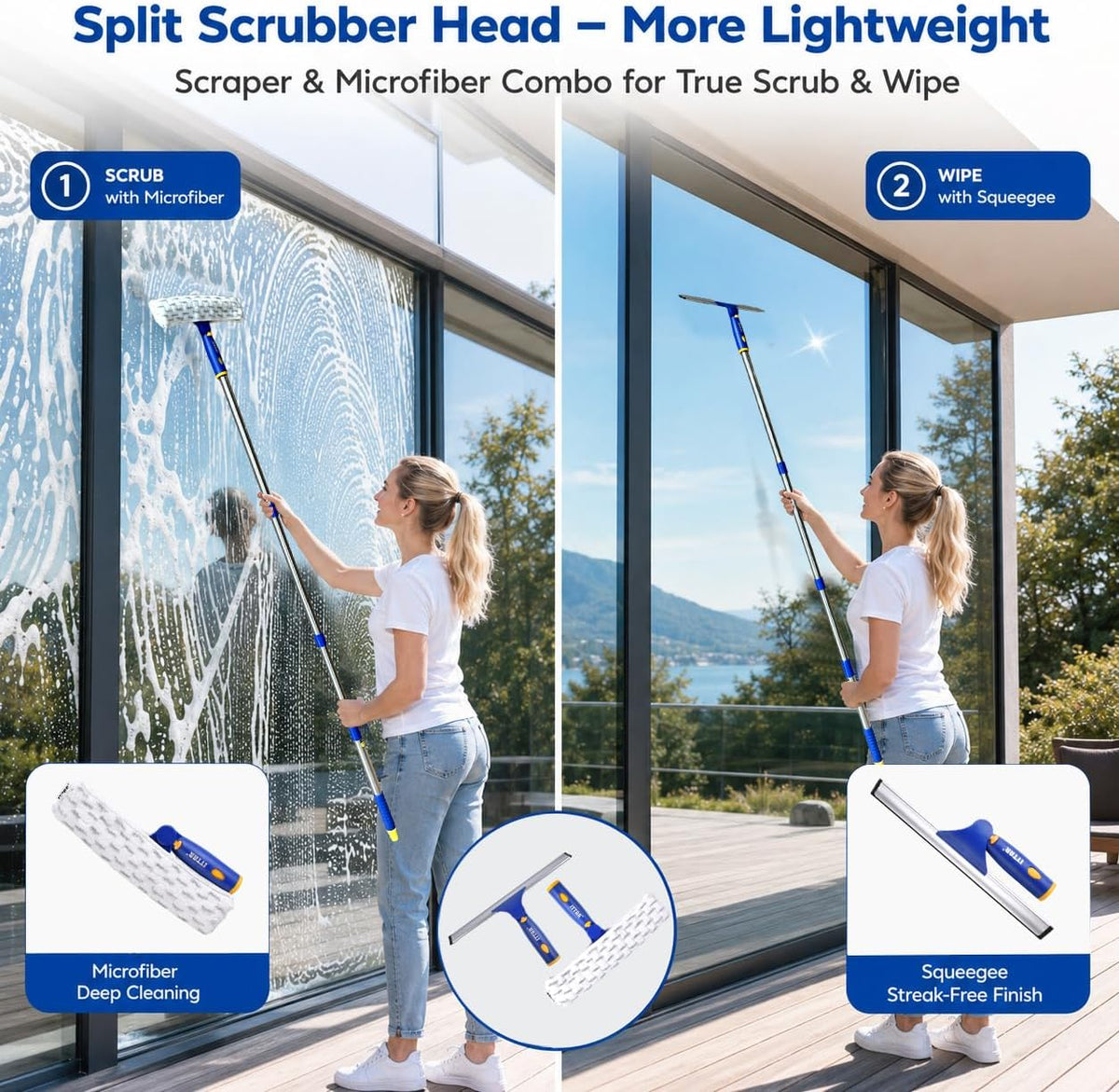 ITTAR Window Squeegee Cleaning Kit with 60" Extension Pole & Rotatable Head