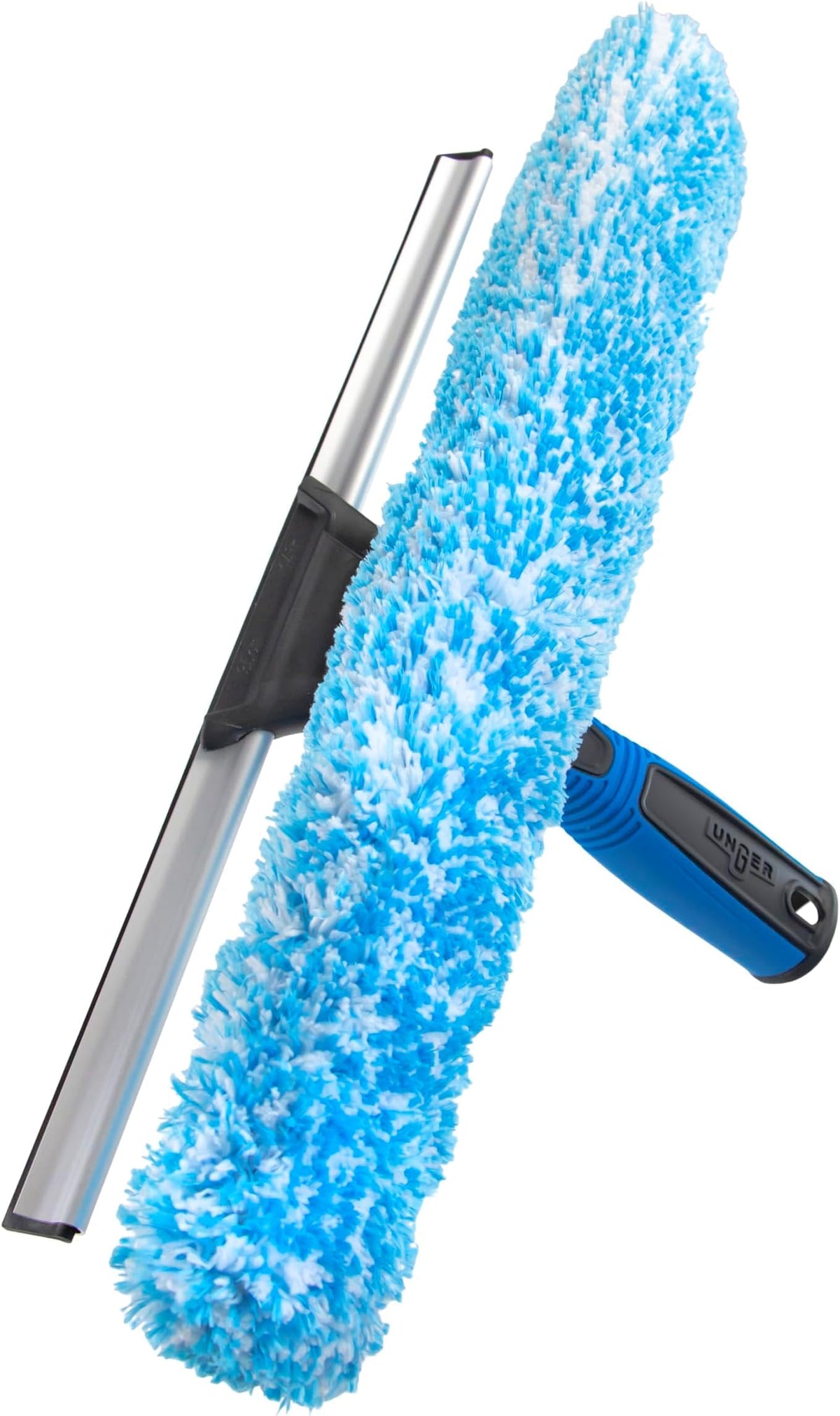 Unger Professional Connect and Clean 18” Proflex 2-in-1 Squeegee and Scrubber, High Access Window Cleaning Tool with Pivoting Head, Commercial and Residential Use, Reusable Microfiber Sleeve