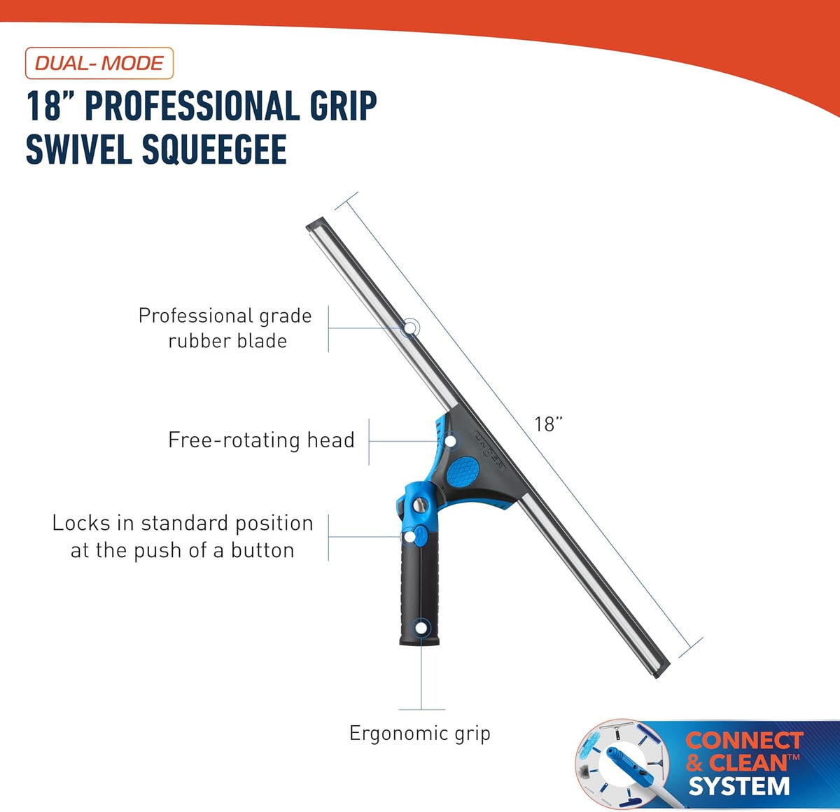 Unger 18-inch Professional Grip Swivel Squeegee – Professional Grade Window Squeegee for the Home, Large Squeegee for Glass Window Cleaning
