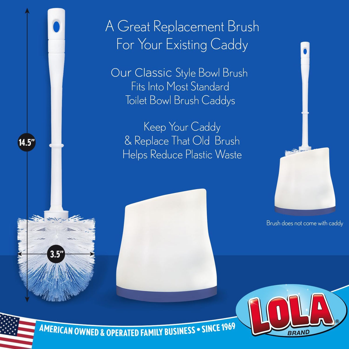 LOLA Classic Toilet Brush, Durable Fiber Stiff Bristles, Non-Scratch - 2 PK