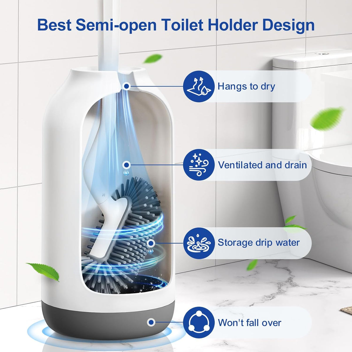 HAMITOR Toilet Bowl Brush Holder Set: Deep Cleaning Silicone Toilet Cleaner Scrubber Under Rim with Curved Bristle for Bathroom Dead Corner Clean - Modern Rv Toilet Decorative Accessories - White