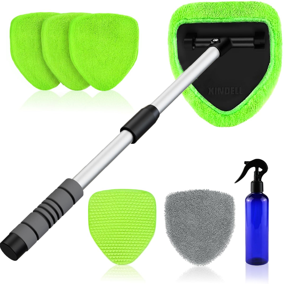 XINDELL Interior Windshield Cleaner Tool – Car Interior Window Cleaning Kit with Extendable Handle & 4 Microfiber Pads, Auto Wiper Inside Compact Windshield Brush for Car & Home Windows