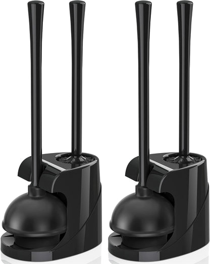 Toilet Plunger and Brush, Bowl Brush and Heavy Duty Toilet Plunger Set with Ventilated Holder, 2-in-1 Bathroom Cleaning Combo with Modern Caddy Stand for 5.7-inch Toilet Drain(Black, 2 Set)