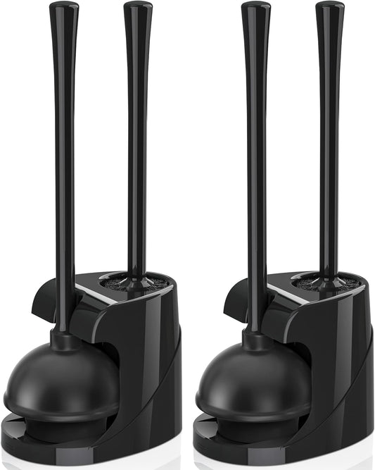 Toilet Plunger and Brush, Bowl Brush and Heavy Duty Toilet Plunger Set with Ventilated Holder, 2-in-1 Bathroom Cleaning Combo with Modern Caddy Stand for 5.7-inch Toilet Drain(Black, 2 Set)