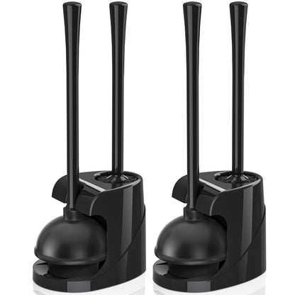 Toilet Plunger and Brush, Bowl Brush and Heavy Duty Toilet Plunger Set with Ventilated Holder, 2-in-1 Bathroom Cleaning Combo with Modern Caddy Stand for 5.7-inch Toilet Drain(Black, 2 Set)