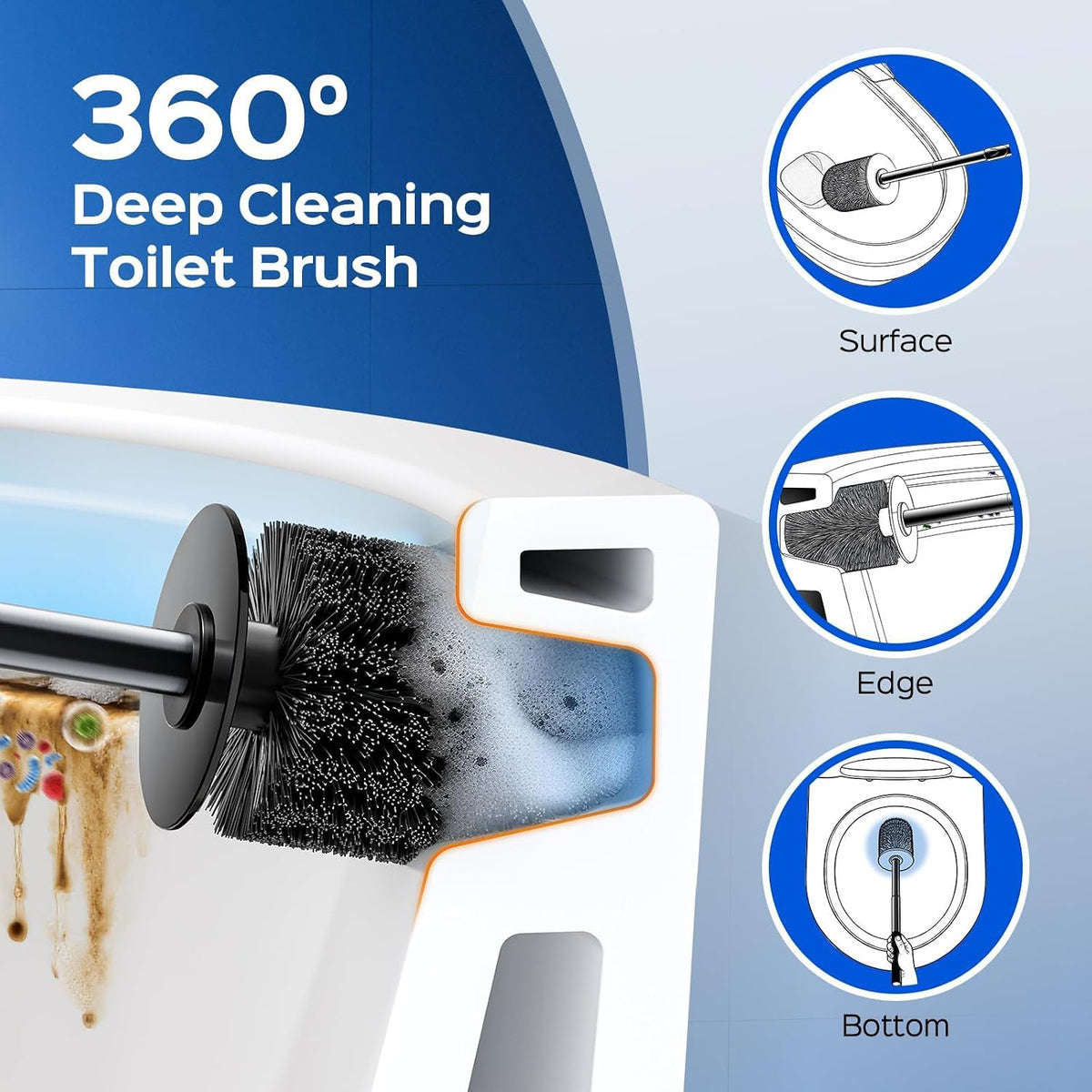 HAMITOR Toilet Brush and Holder Set: 2 Pack Stainless Steel Rustproof Kits with Deep Cleaning Bristles - Hidden Toilet Cleaner Scrubber for Homeowners - Compact Bathroom Accessories for Home RV Silver