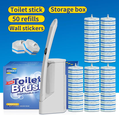 Disposable Toilet Brush Cleaning System with 50pcs Refills Pads Replacement Heads, Toilet Cleaning Stick, Wall Mounted Wand Kit Bathroom Maintenance, Toilet Bowl Cleaner Brush Holder and Set