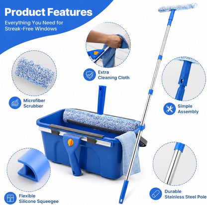 Window Cleaning Kit with 3-Gallon Bucket, 76-Inch Pole and Glass Squeegee