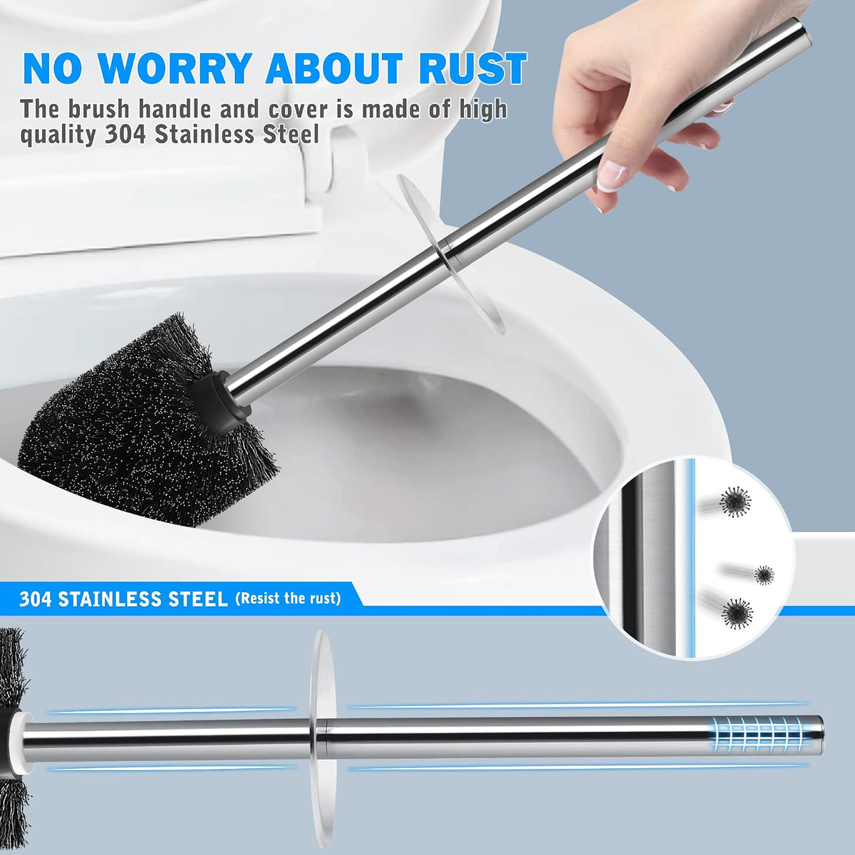 Toilet Brush and Holder, 2 Pack Toilet Brush with 304 Stainless Steel Long Handle, Toilet Bowl Brush for Bathroom Toilet-Ergonomic, Elegant,Durable (Grey)