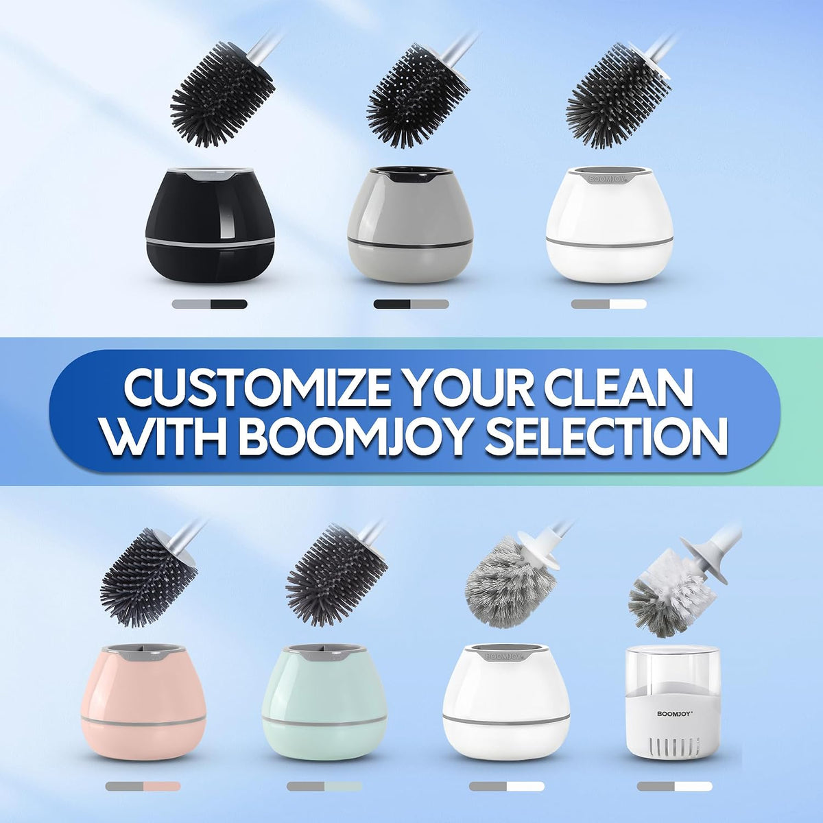 BOOMJOY Toilet Brush and Holder Set, Silicone Toilet Bowl Cleaner Brush, Bathroom Cleaning Bowl Kit with Tweezers, Bathroom Accessories with Aluminum Handle - White