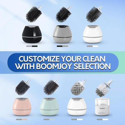 BOOMJOY Toilet Brush and Holder Set, Silicone Toilet Bowl Cleaner Brush, Bathroom Cleaning Bowl Kit with Tweezers, Bathroom Accessories with Aluminum Handle - White