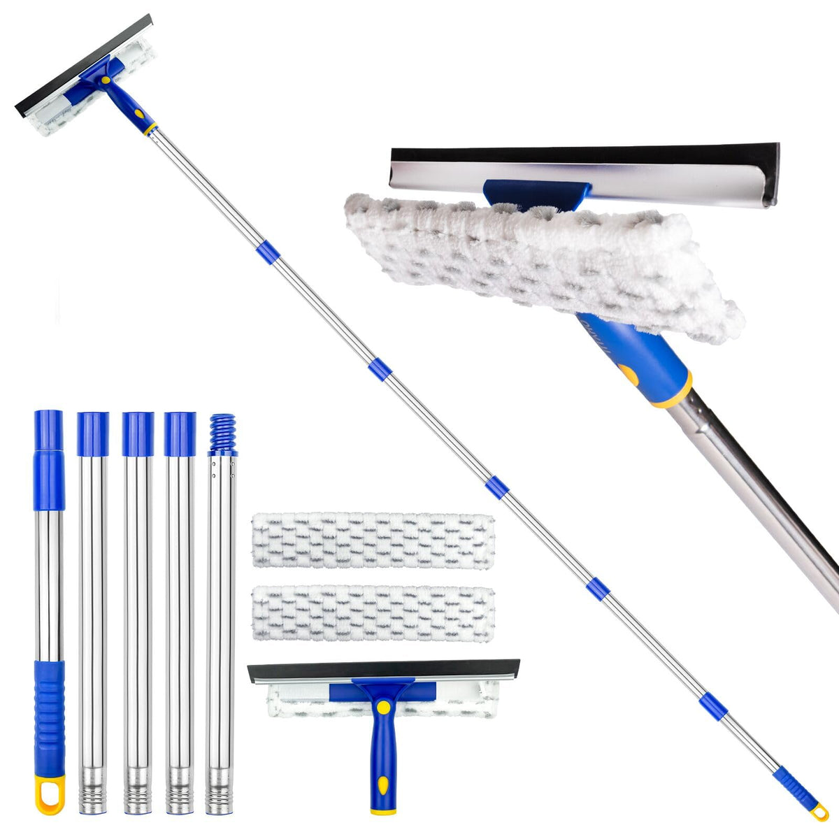 86.6" Window Squeegee Cleaner,2 in 1 Window Cleaning Tool Kit,Shower Squeegee with Extension Pole，Glass Cleaning Tools for Shower Glass,Indoor/Outdoor High Window Cleaning-Two Pads
