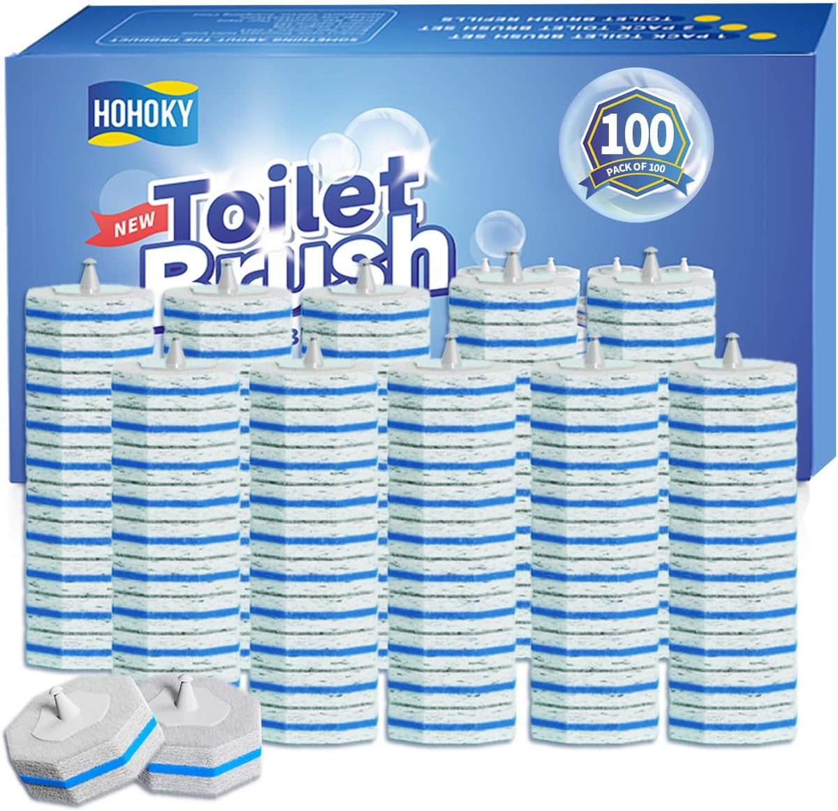Hohoky 100pc Bulk Toilet Brush Refills - Disposable Toilet Brush Replacement Heads, Pack for Household Cleaning Bathroom cleaners Compatible Heads,washroom mats Cleaning System,Clean Refill Pads.