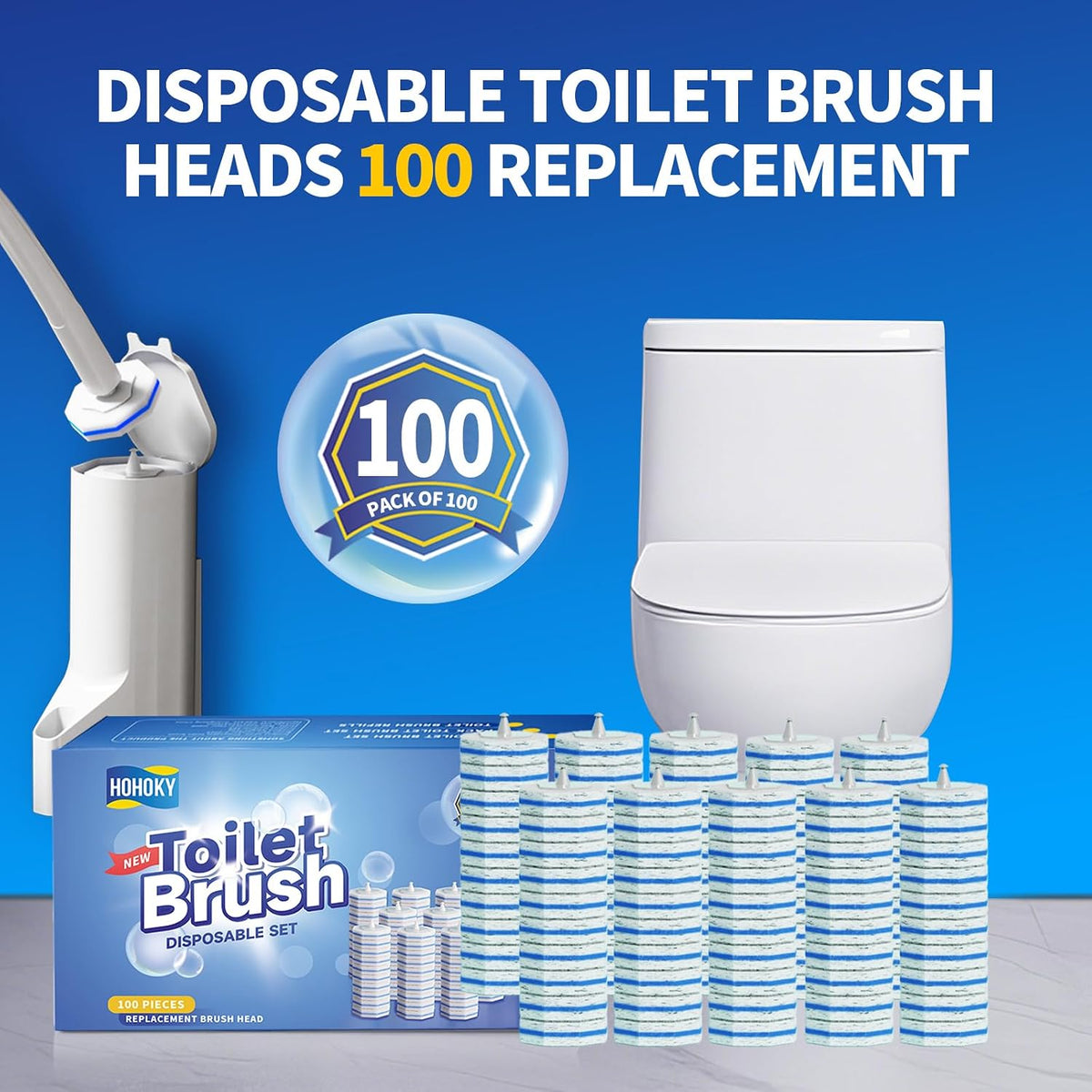 Hohoky 100pc Bulk Toilet Brush Refills - Disposable Toilet Brush Replacement Heads, Pack for Household Cleaning Bathroom cleaners Compatible Heads,washroom mats Cleaning System,Clean Refill Pads.
