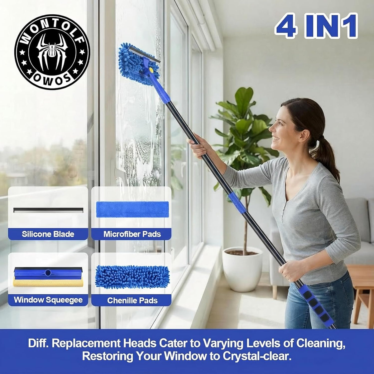 Wontolf 4-in-1 Window Squeegee, 79'' Window Cleaner Tool with Extension Pole, Window Cleaning Kit with Storage Bag, Rotatable Window Washing Kit Equipment for Home, Outdoor High Windows, Glass, Shower
