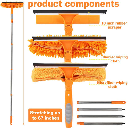 67" Window Squeegee for Window Cleaning with Extension Pole, 3-in-1