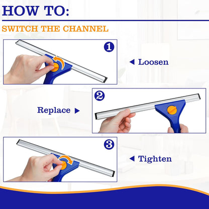 18-Inch Window Squeegee Professional with 12-INCH Chanel Squeegee for Shower Glass, Easy Change Window Cleaner Squeegees Washer Kit for Countertop Car Mirror Cleaning & Washing