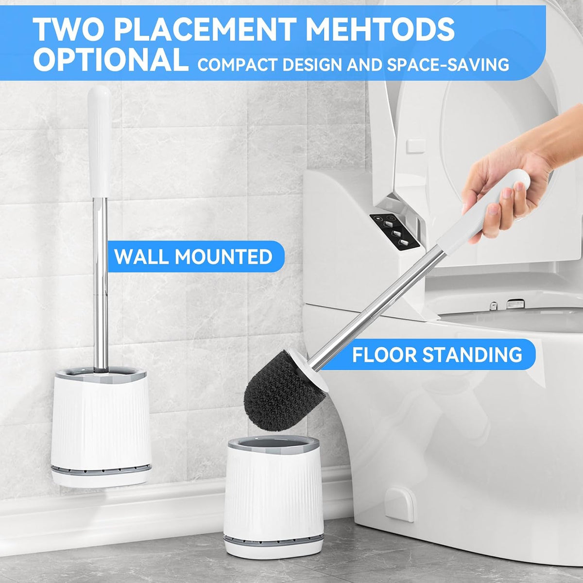 TRENTI Toilet Brush and Holder Set - Bristles Bowl Brush Head with Ventilated Holder, Wall Mounted Compact Set for Bathroom Deep Cleaning