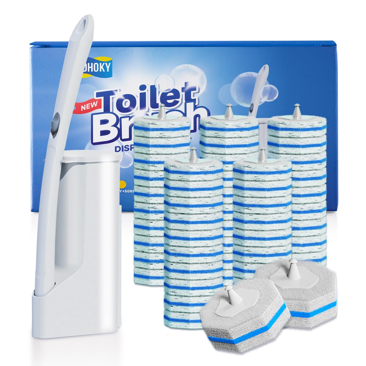 Disposable Toilet Brush Cleaning System with 50pcs Refills Pads Replacement Heads, Toilet Cleaning Stick, Wall Mounted Wand Kit Bathroom Maintenance, Toilet Bowl Cleaner Brush Holder and Set