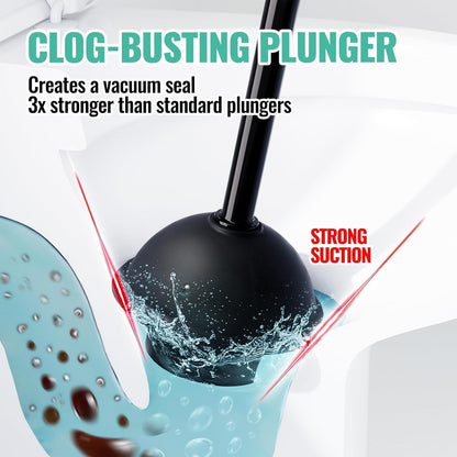 3 in 1 Toilet Brush and Plunger Set with Crevice Cleaning Brush, Toilet Plunger and Brush Set with Extra Long Handle, Plungers for Bathroom Accessories, Toilet Plunger with Holder, Black