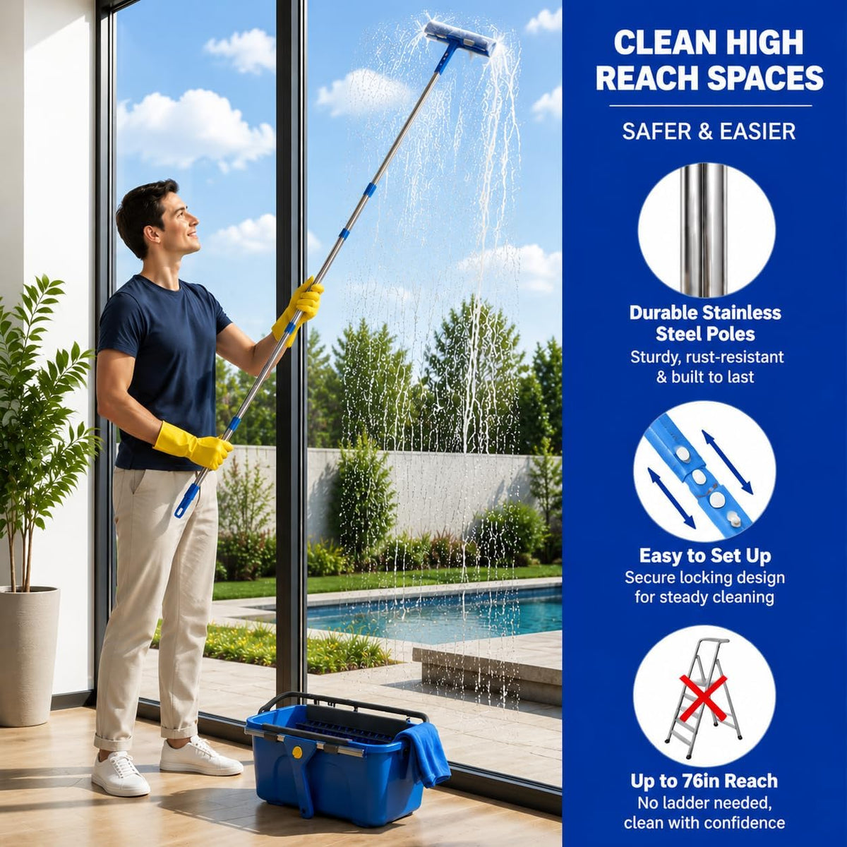 Window Cleaning Kit with 3-Gallon Bucket, 76-Inch Pole and Glass Squeegee
