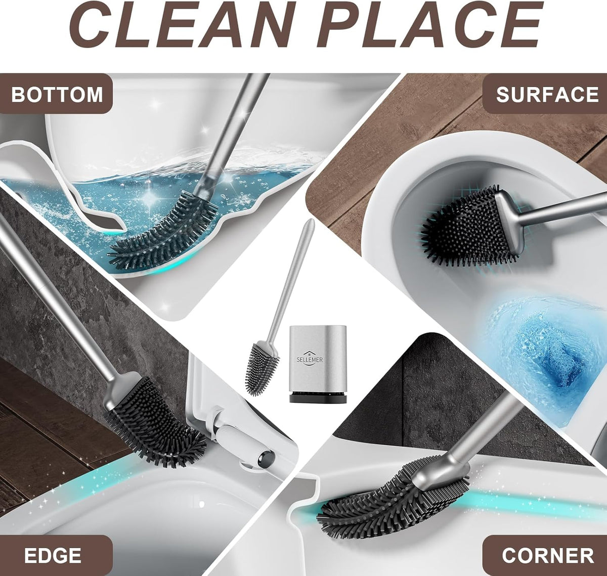 Sellemer Silicone Toilet Brush, Ventilation Slots Base Holder 1 Pack Silver