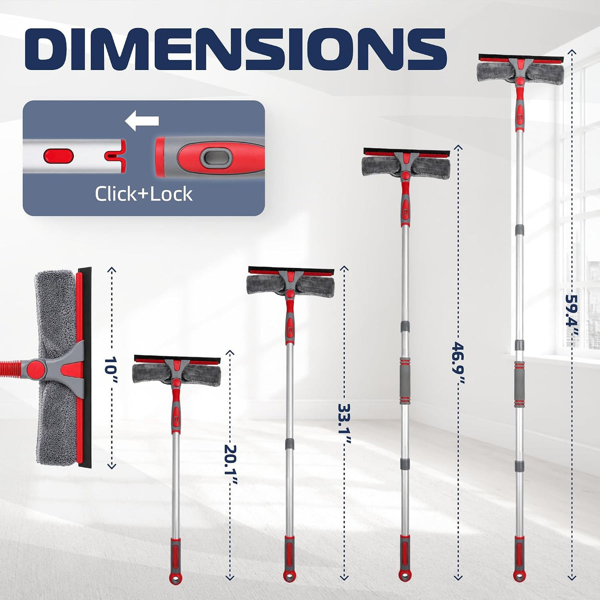 DSV Standard 2-in-1 Window Cleaning Squeegee Kit with 60’’ Extension Pole, Rotatable Bendable Head, Microfiber & Chenille Pads, Window Cleaner Tool for Indoor/Outdoor, High Windows, Shower and Car