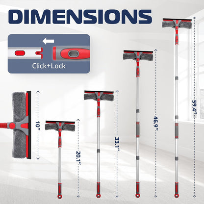 DSV Standard 2-in-1 Window Cleaning Squeegee Kit with 60’’ Extension Pole, Rotatable Bendable Head, Microfiber & Chenille Pads, Window Cleaner Tool for Indoor/Outdoor, High Windows, Shower and Car