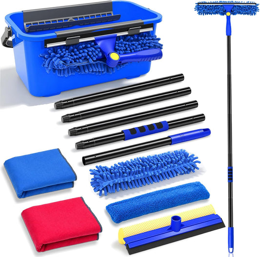 Wontolf 13pcs Window Cleaning Kit with Bucket 3 Gallon, 2-in1 Window Squeegee with 79" Long Handle, Professional Window Washing Equipment Cleaner Tool for Home Outdoor Commercial Use