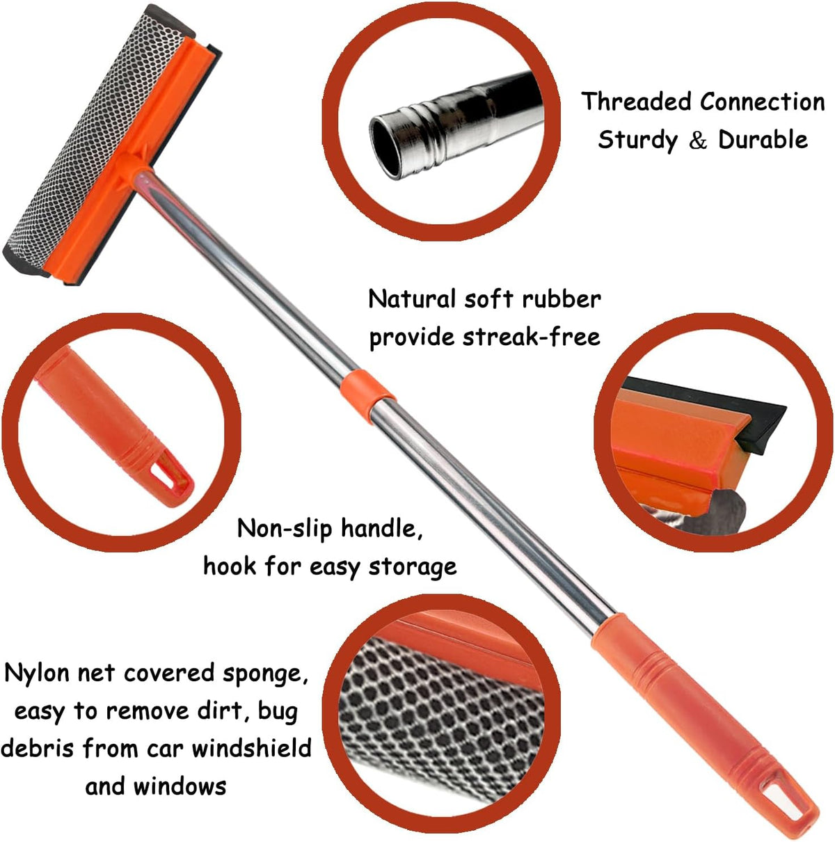 Window Squeegee for Window Cleaning, Squeegee Window Cleaner Tool 2 in 1 Car Window Cleaning Tool with Extension Pole 58‘’ Telescopic Window Washing Equipment, Shower Squeegee for Shower Glass Door