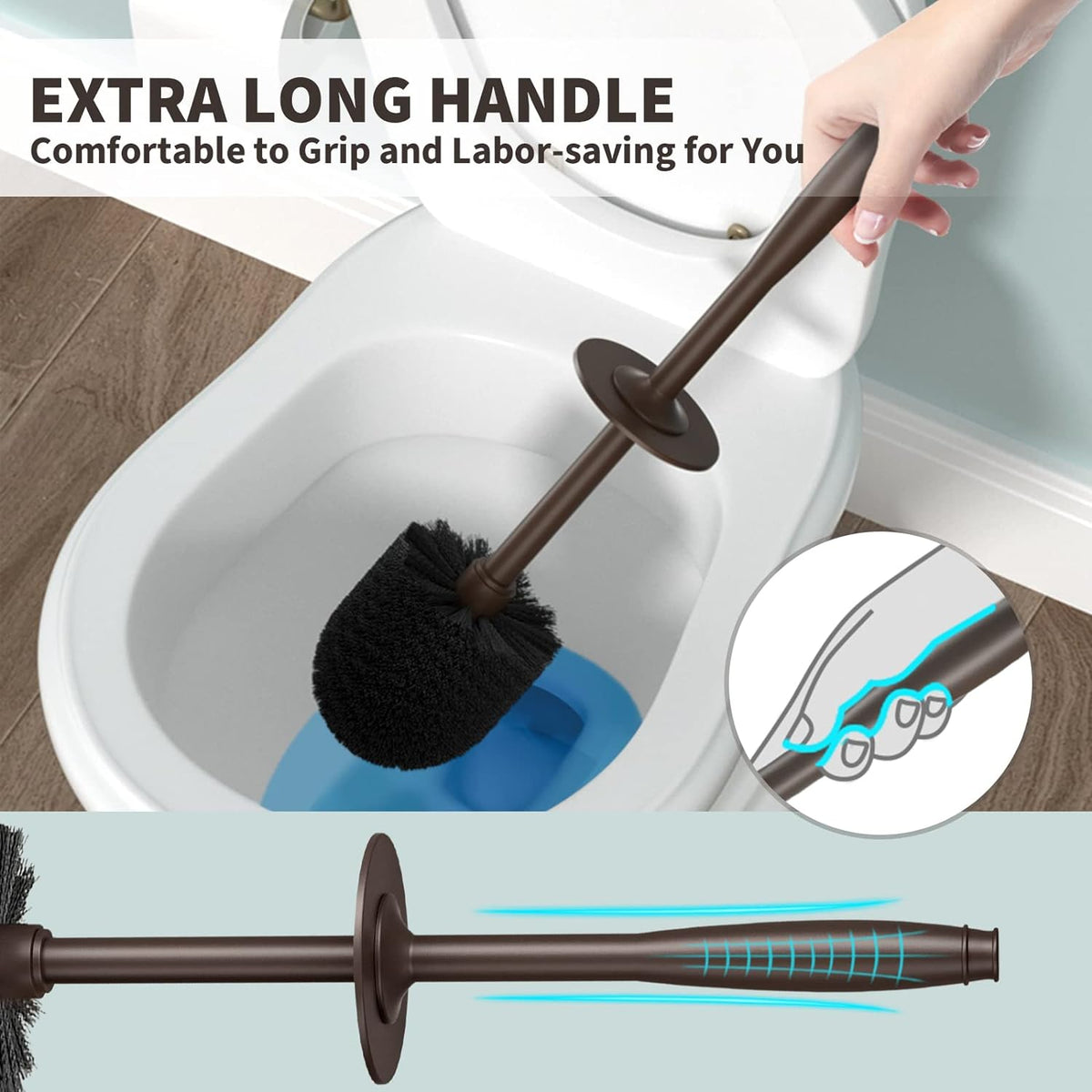 Toilet Brush, Toilet Bowl Brush with Extra Long Handle Durable Bristles Toilet Scrubber and Covered Holder for Toilet Brush Set for Bathroom Cleaning (Brown, 1 Set)