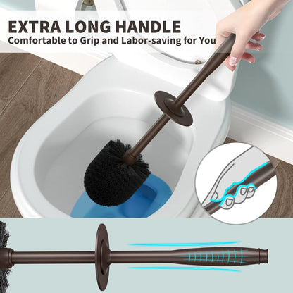 Toilet Brush, Toilet Bowl Brush with Extra Long Handle Durable Bristles Toilet Scrubber and Covered Holder for Toilet Brush Set for Bathroom Cleaning (Brown, 1 Set)