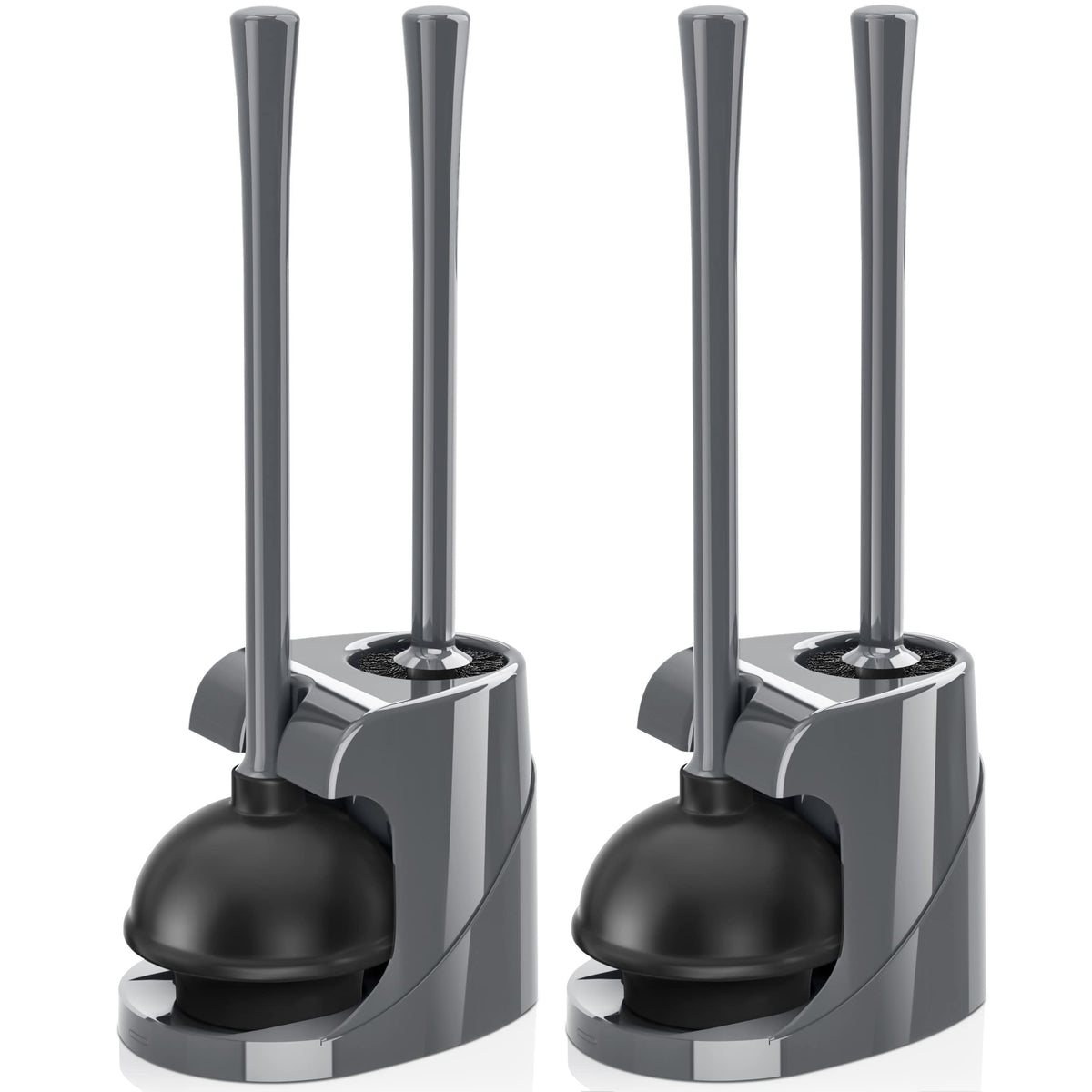 Toilet Plunger and Brush, Bowl Brush and Heavy Duty Toilet Plunger Set with Ventilated Holder, 2-in-1 Bathroom Cleaning Combo with Modern Caddy Stand for 5.7-inch Toilet Drain(Black, 2 Set)