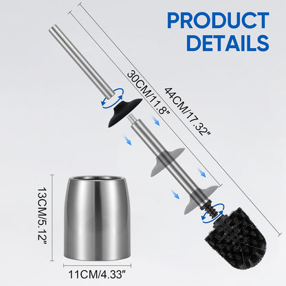 SUS304 Stainless Steel Toilet Brush and Holder Set Stain Nickle 12In Handle BristlesToilet Bowl Brush Cepillo para Baños Bathroom Brushes Cleaning Brush with Case Anti-Rust Brushed Silver