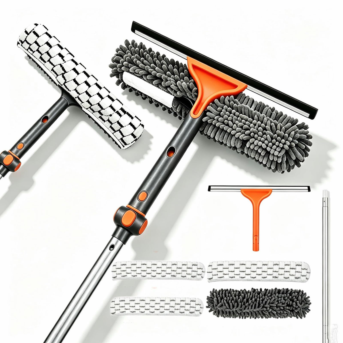 LEVELEVE Professional Window Cleaning Equipment with 62 Inch Long Handle Extension Pole, 2-in-1 Bendable Window Washer Squeegee Tool for High Indoor & Outdoor Glass (with 2 Cleaning Cloth)